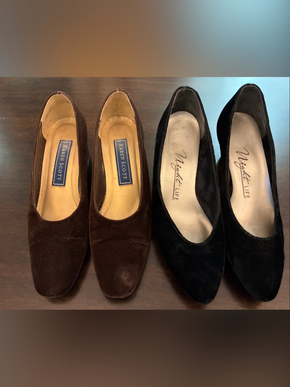 2/$30. 2 pr velvet heels for $20! Size 7! Karen Scott Brown + Night Life black.